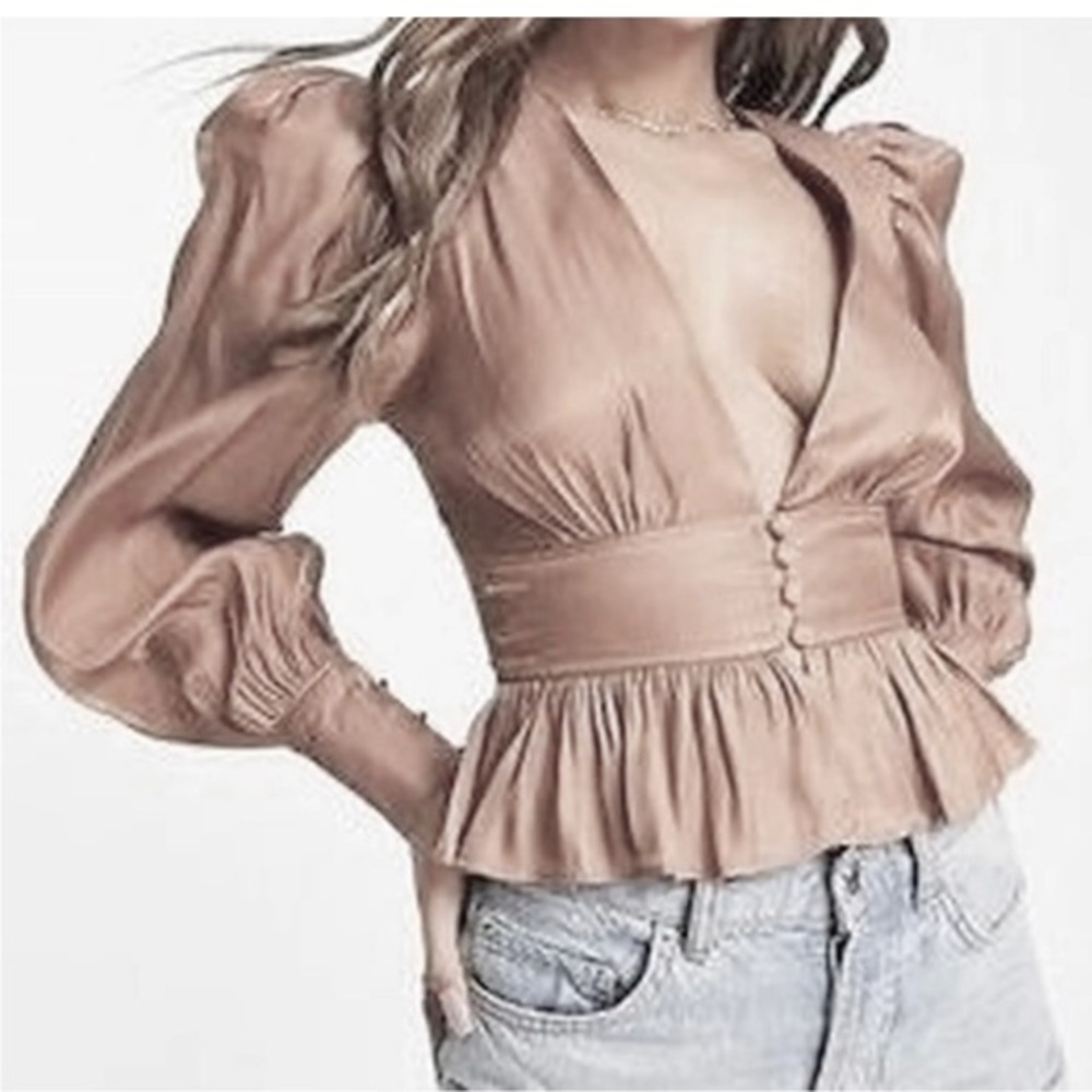 Jason Wu Satin Peplum Ruffle Blouse Taupe Cream Medium